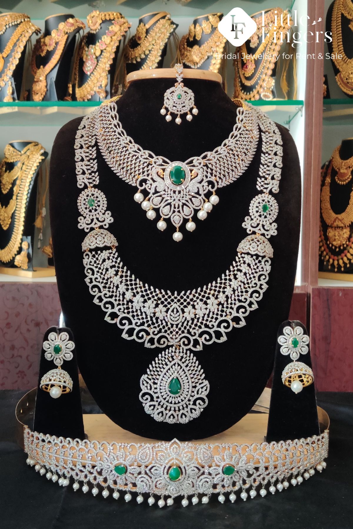 Grand Green American Diamond Jewellery for rent online - Little Fingers ...