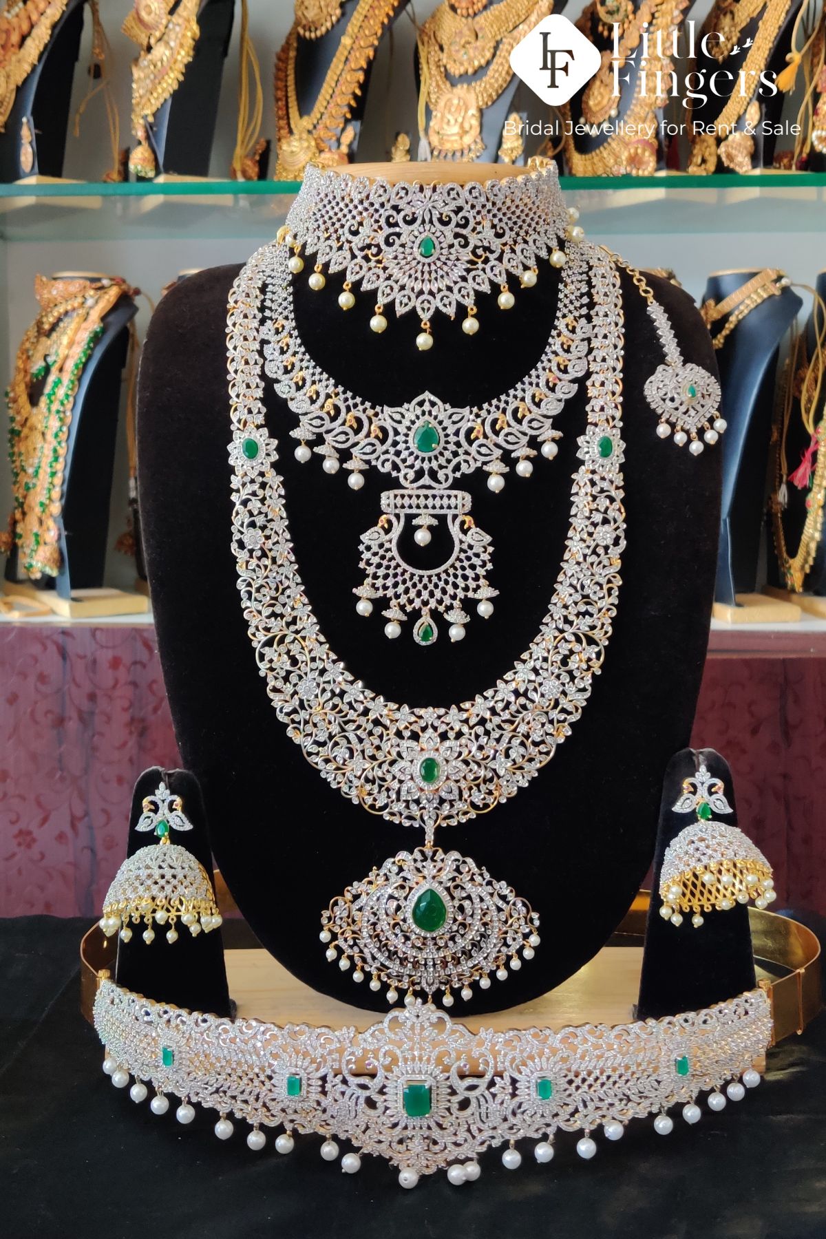 Green American Diamond Jewellery For Rent Online - Little Fingers India