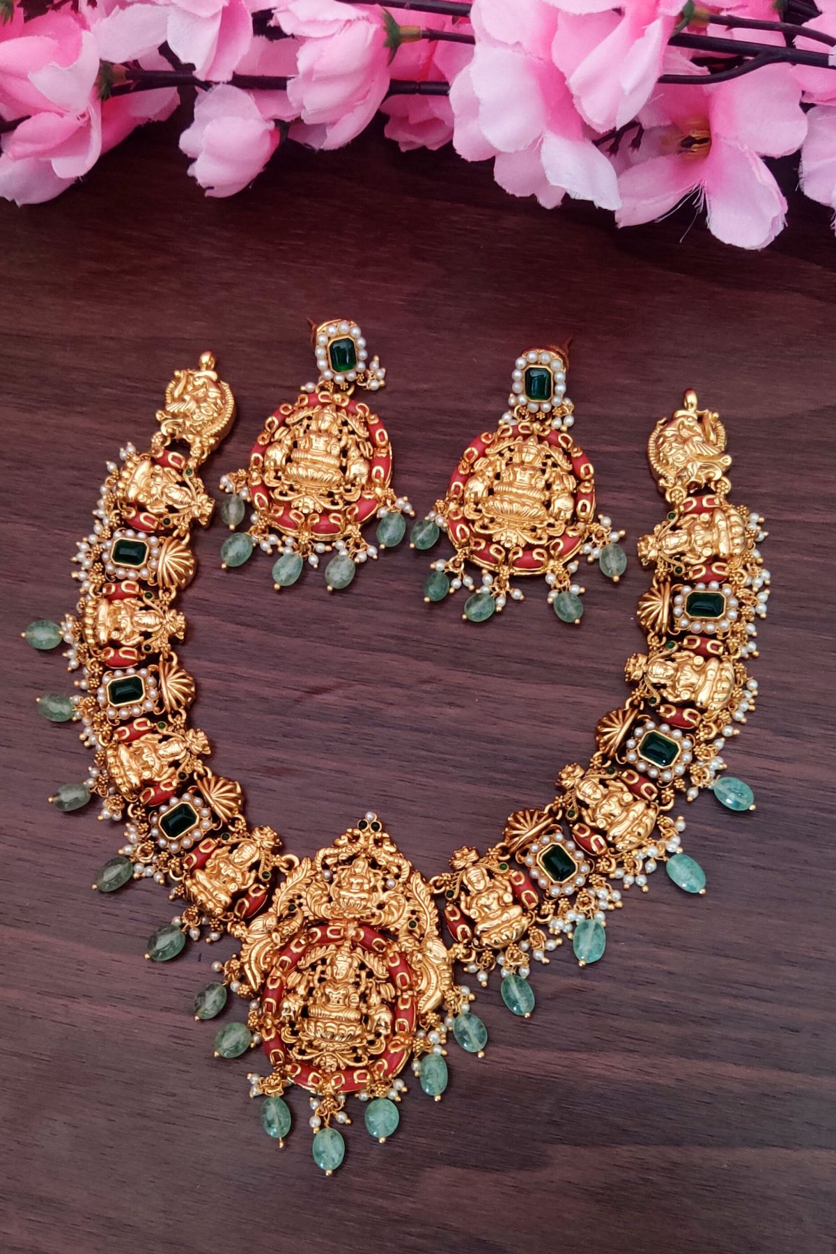 Antique Lakshmi Designer Green Pearl Hanging Necklace - Little Fingers India